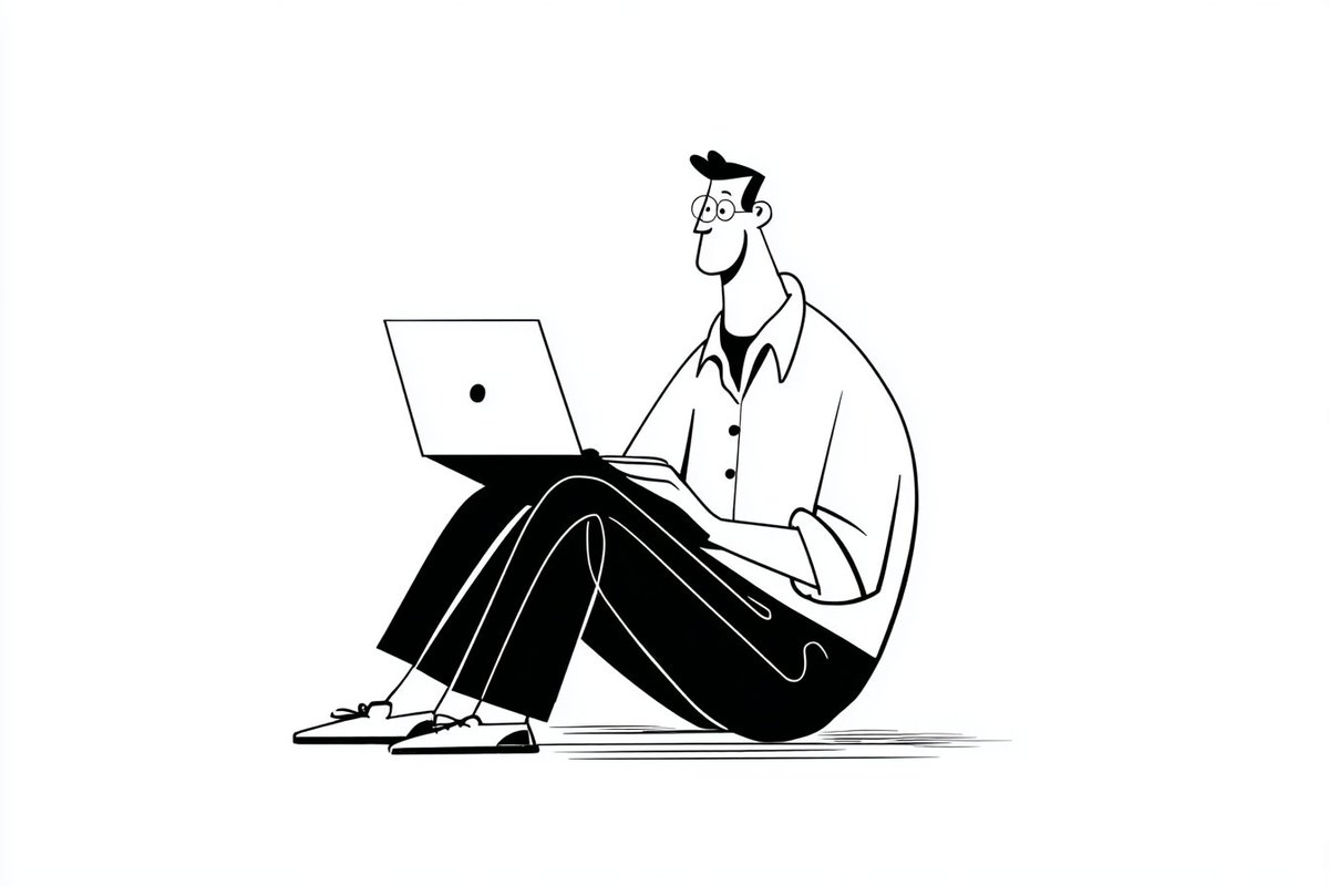 A simple black-and-white illustration of a [subject] in [outfit], [doing action], with a [facial 2
