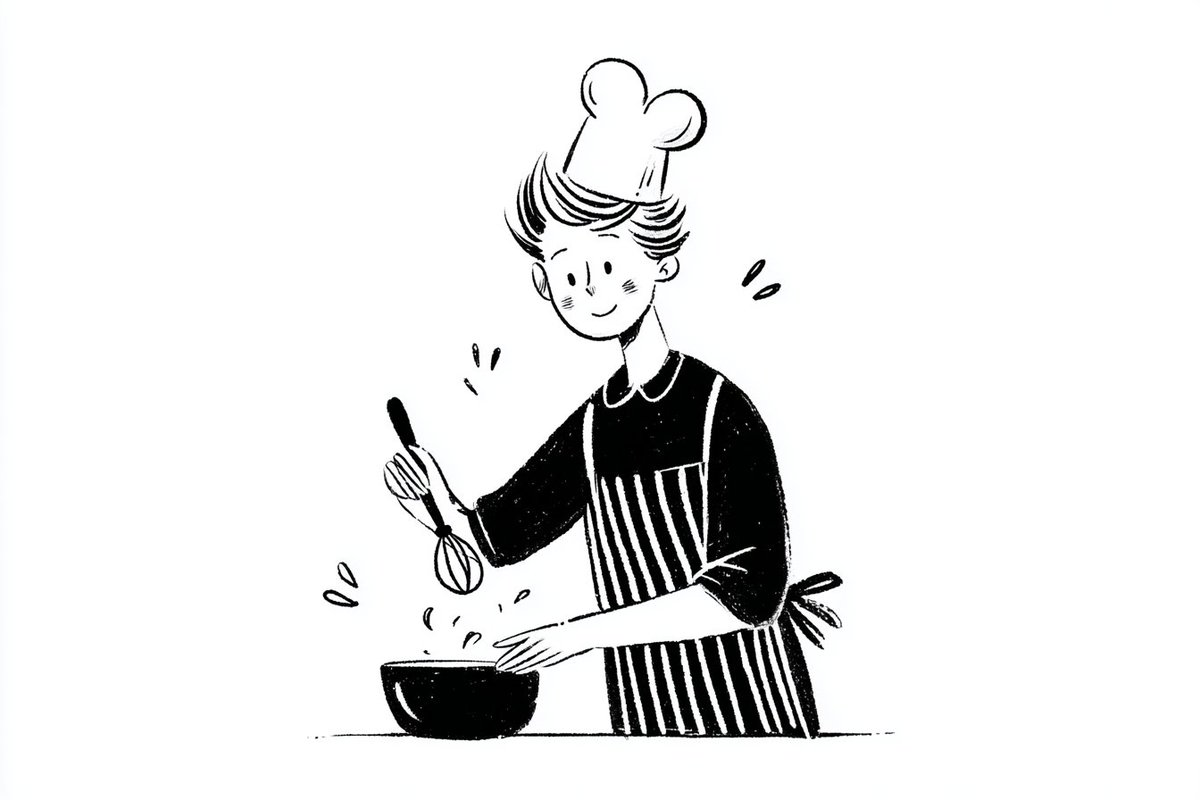 A simple black-and-white illustration of a [subject] in [outfit], [doing action], with a [facial 4