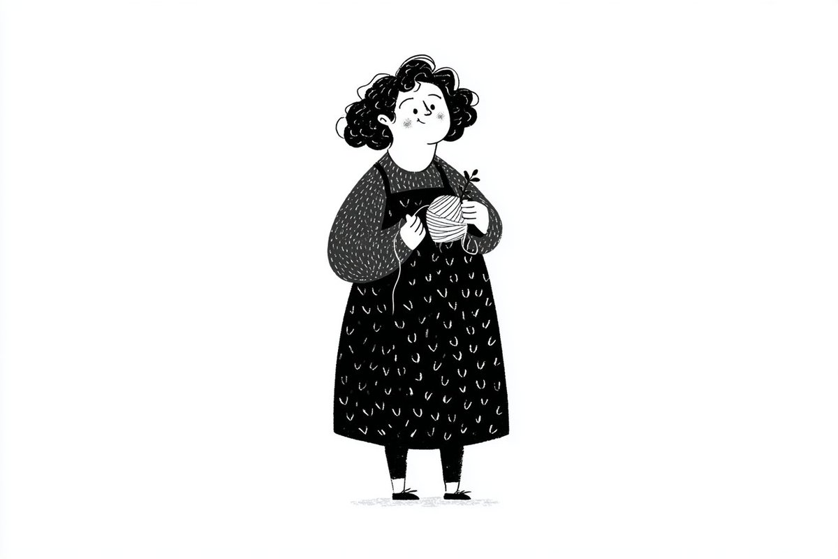 A simple black-and-white illustration of a [subject] in [outfit], [doing action], with a [facial