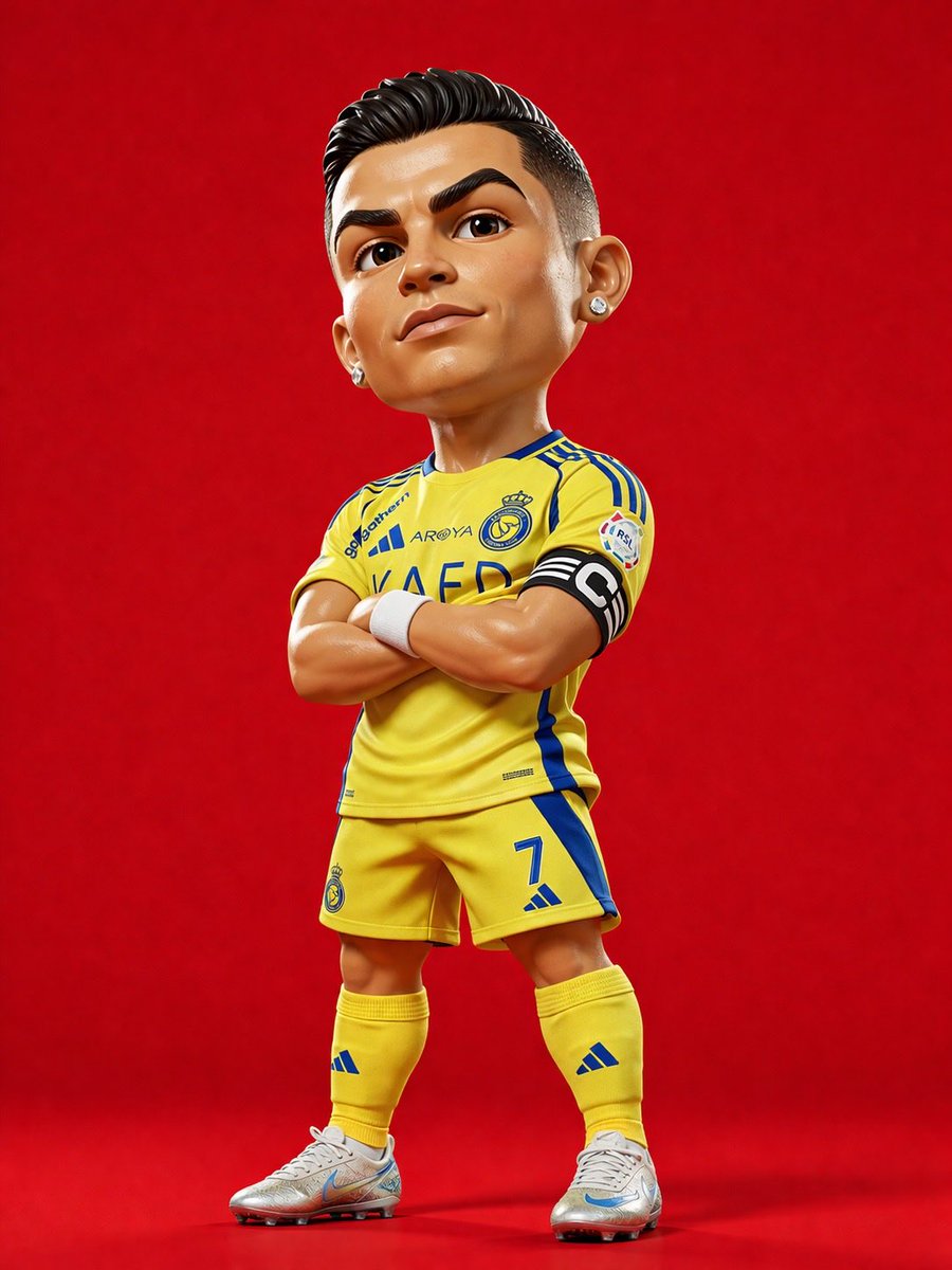 3D rendered caricature figurine of Cristiano Ronaldo, big head chibi style, wearing Al Nassr yel