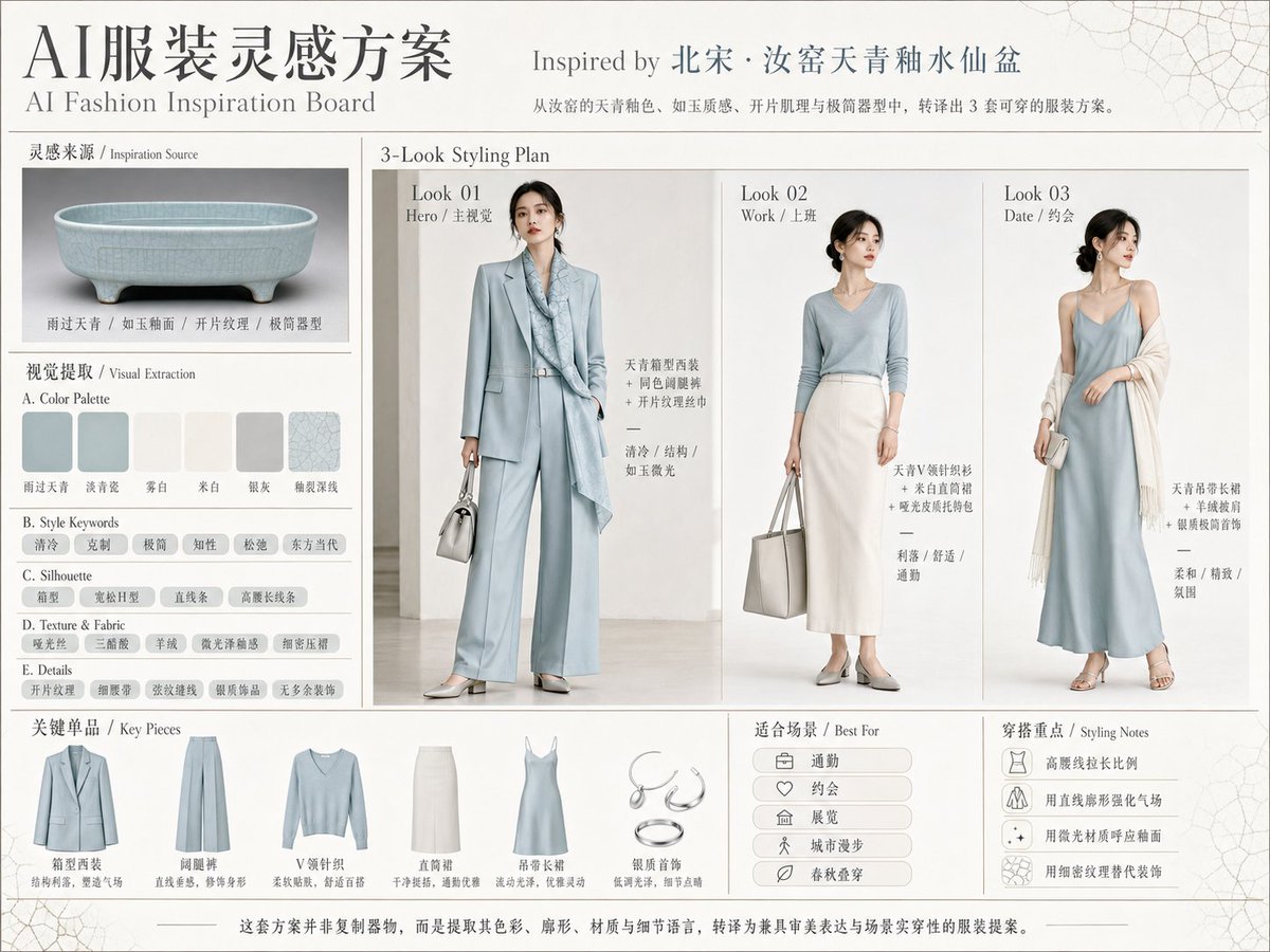 请根据用户输入的【主标题】或上传的【参考图片】，创作一张横向 4:3 的高完成度「AI服装灵感方案 / AI Fashion Inspiration Board」。 3