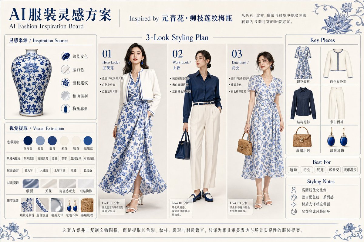 请根据用户输入的【主标题】或上传的【参考图片】，创作一张横向 4:3 的高完成度「AI服装灵感方案 / AI Fashion Inspiration Board」。 4