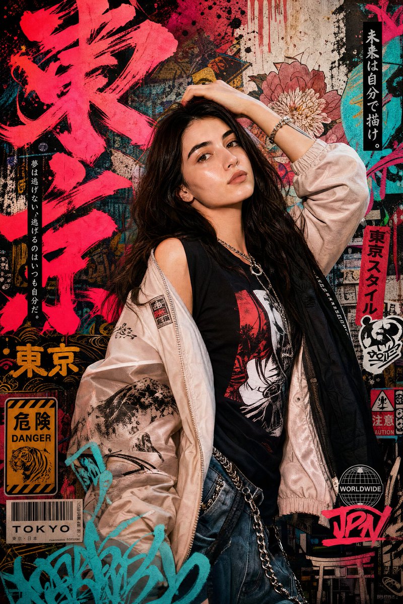 Create a high-detail portrait poster in a bold Japanese graffiti-inspired art style, combining m
