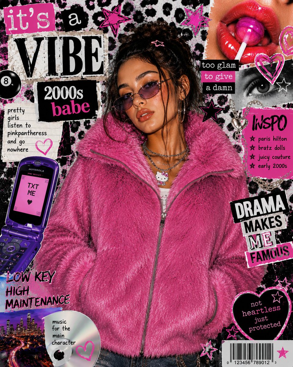 Create a bold Y2K Japanese street-editorial collage poster with a clean high-fashion magazine ae 2