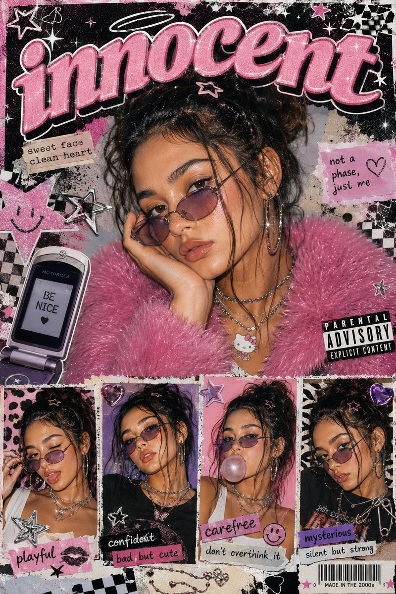 Create a bold Y2K Japanese street-editorial collage poster with a clean high-fashion magazine ae 3