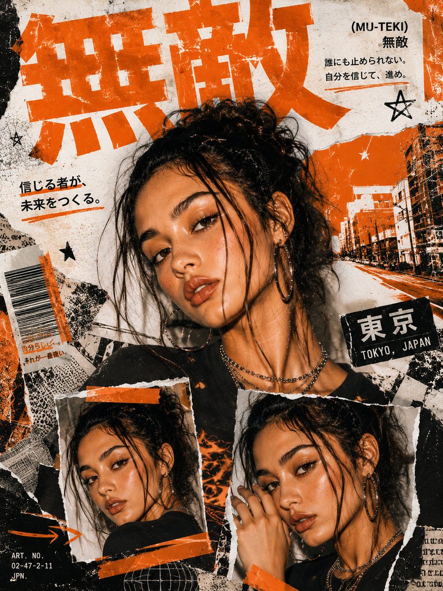 Create a bold Y2K Japanese street-editorial collage poster with a clean high-fashion magazine ae