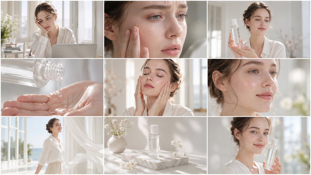 Create a clean, bright skincare commercial storyboard in a 16:9 layout with 9 panels. Use soft n