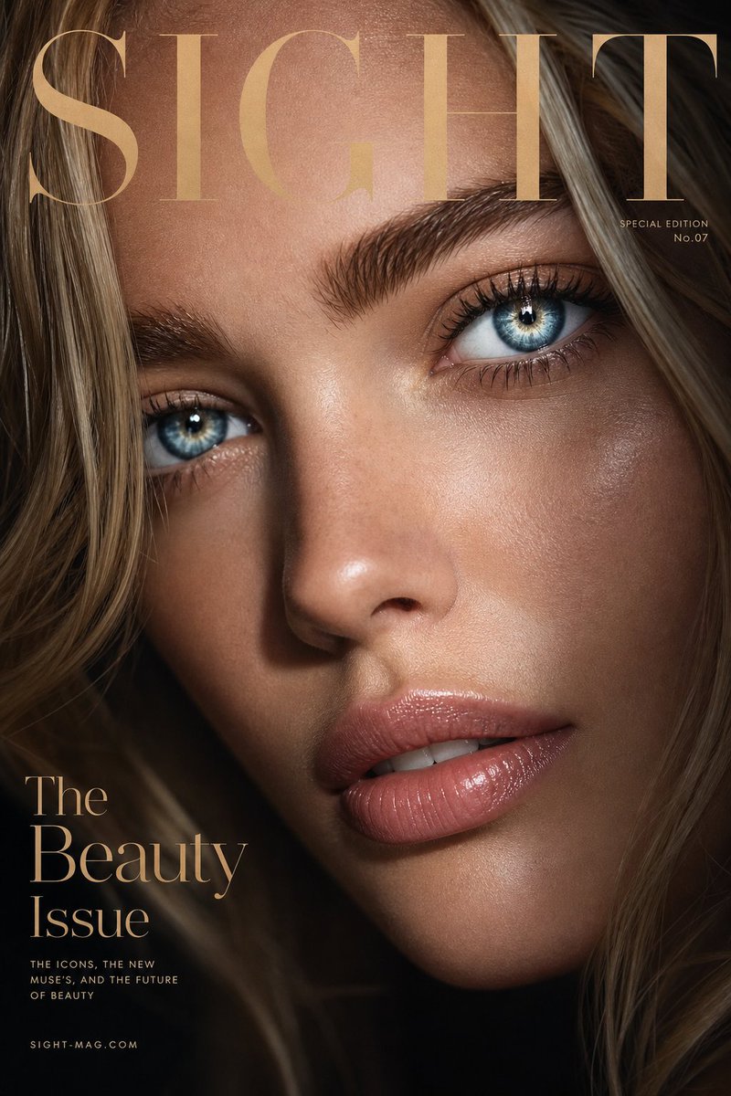 Luxury extreme close-up portrait, magazine cover style, title "SIGHT", 3