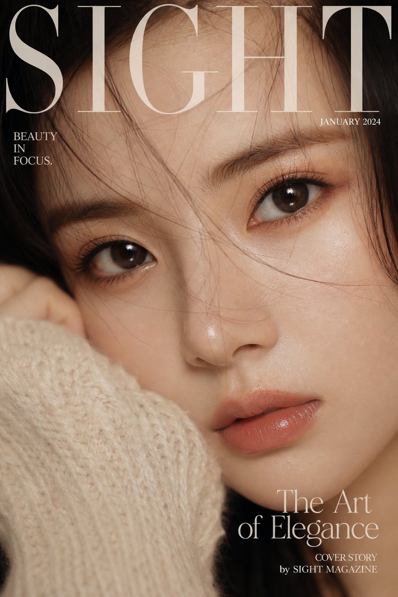 Luxury extreme close-up portrait, magazine cover style, title "SIGHT",
