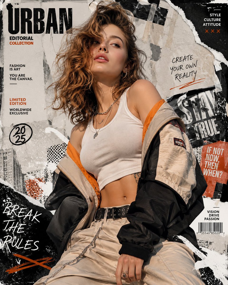 Create a high-resolution 8K portrait poster in an Urban Fashion Editorial Collage style, blendin
