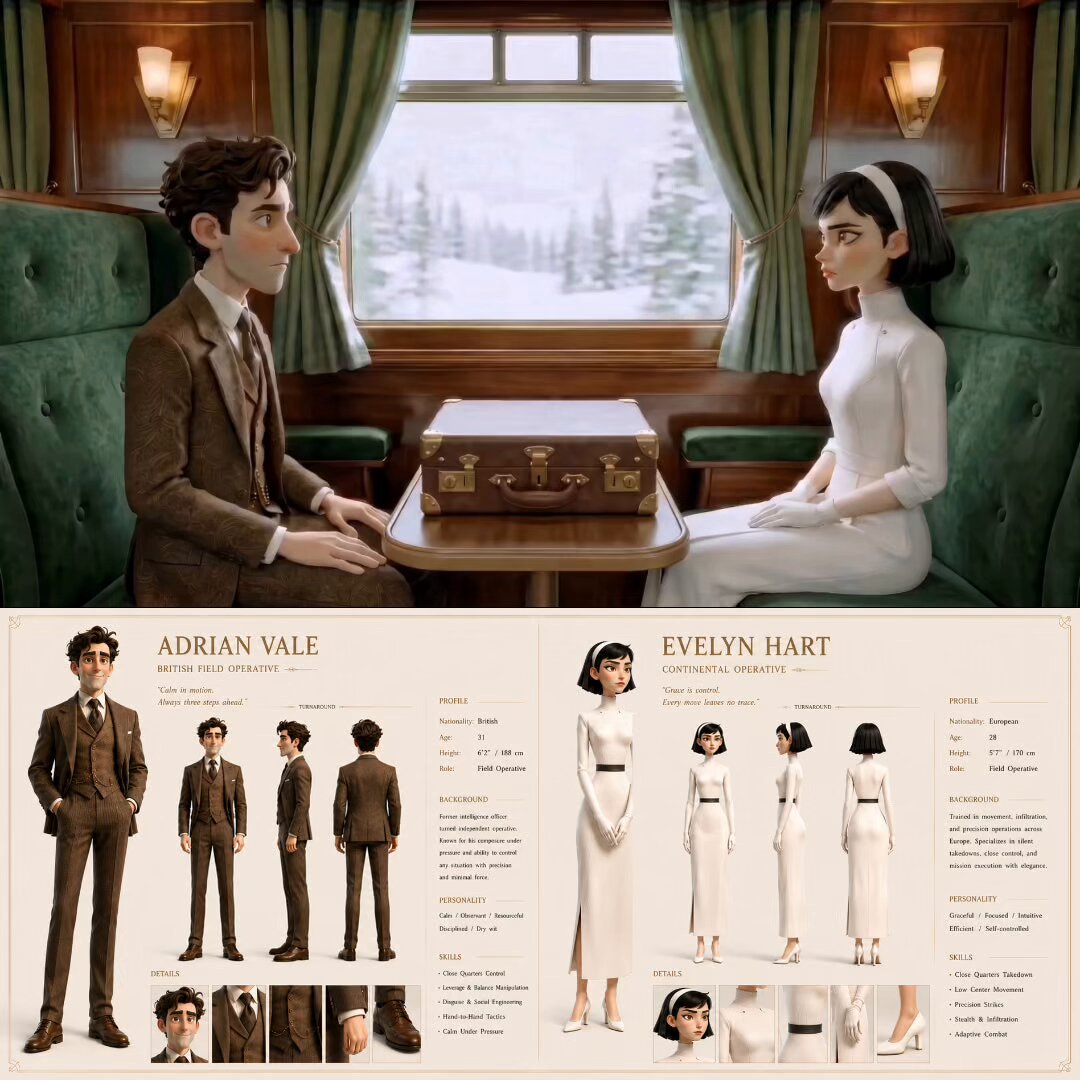 A stylized character design sheet features two sophisticated operatives, Adrian Vale and Evelyn 