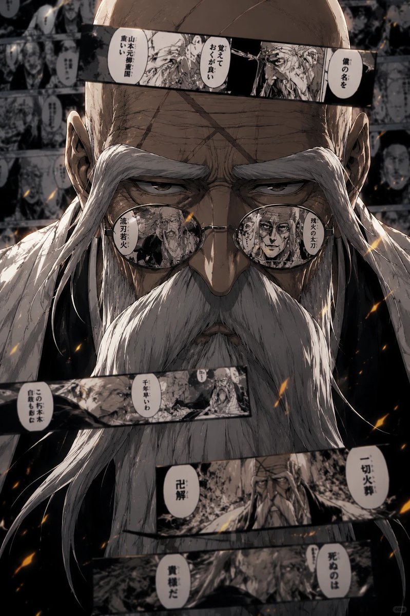 超高细节二次元热血漫画风角色海报，少年死神角色正面半身特写，橙色炸毛短发，琥珀色眼睛，佩戴黑色圆框复古墨镜，冷峻严肃表情，正中央对称构图，镜头直视观众，强烈压迫感。 3