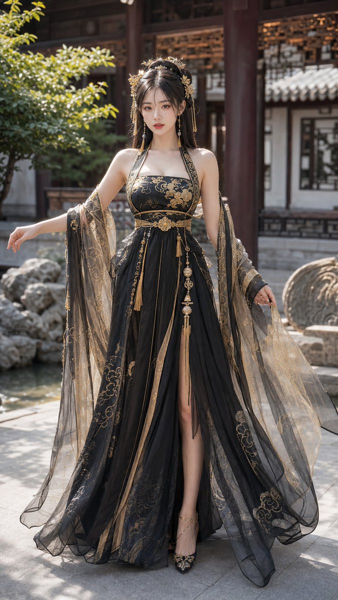 18歲中國美女，成年女性，精緻五官，長髮，身材修長，穿著性感但高雅的黑金色唐制齊胸襦裙改良漢服，薄紗披帛，金色雲紋刺繡，精緻髮飾，正面全身照，完整身體入鏡，細緻刺繡，輕薄飄逸布料，露肩或開衩設 3