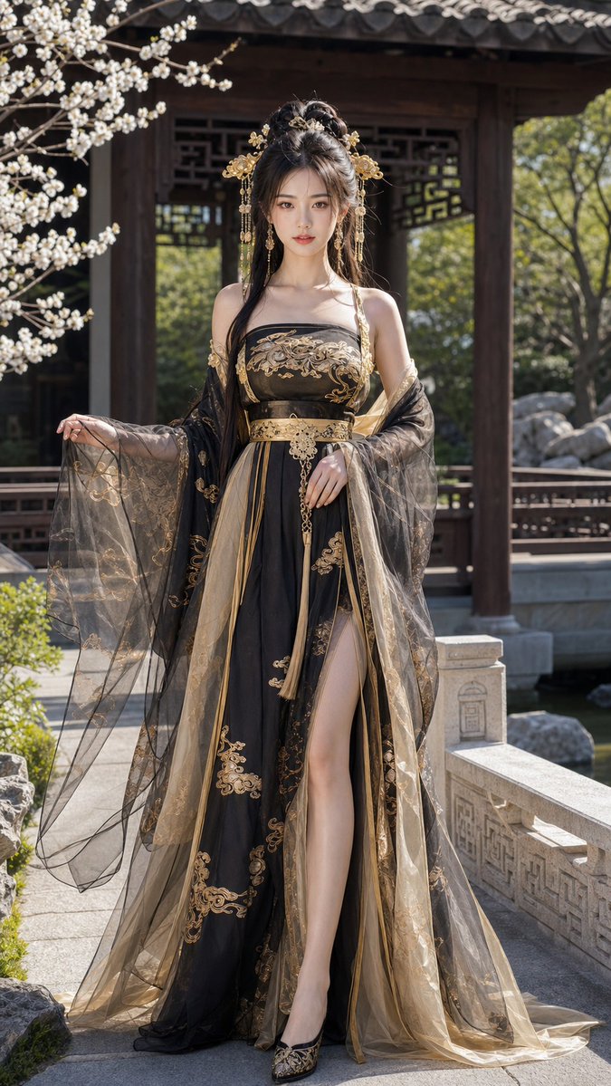 18歲中國美女，成年女性，精緻五官，長髮，身材修長，穿著性感但高雅的黑金色唐制齊胸襦裙改良漢服，薄紗披帛，金色雲紋刺繡，精緻髮飾，正面全身照，完整身體入鏡，細緻刺繡，輕薄飄逸布料，露肩或開衩設 4
