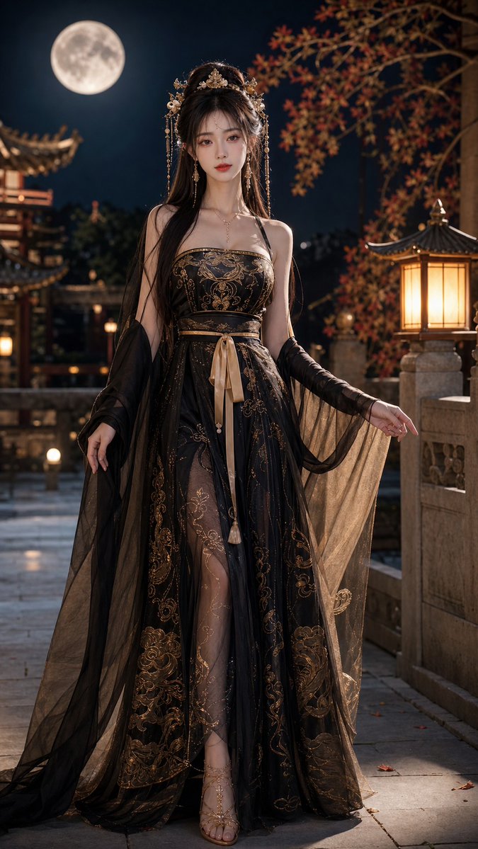 18歲中國美女，成年女性，精緻五官，長髮，身材修長，穿著性感但高雅的黑金色唐制齊胸襦裙改良漢服，薄紗披帛，金色雲紋刺繡，精緻髮飾，正面全身照，完整身體入鏡，細緻刺繡，輕薄飄逸布料，露肩或開衩設