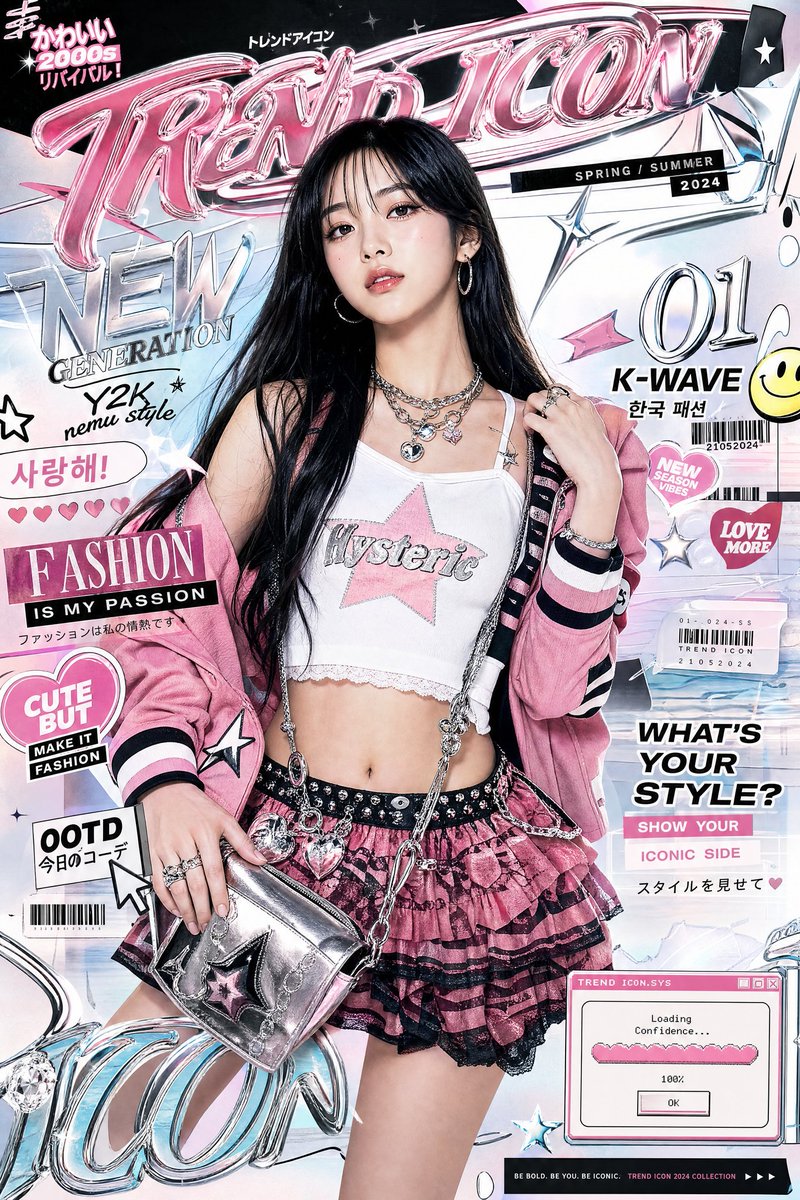 Ultra-stylized luxury fashion editorial poster featuring a confident young Asian woman centered 