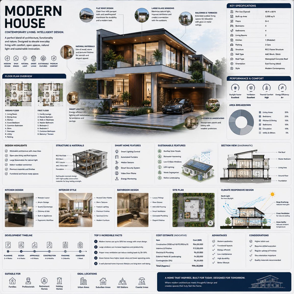 Create a premium square “reference-style architectural infographic” centered around a luxurious 