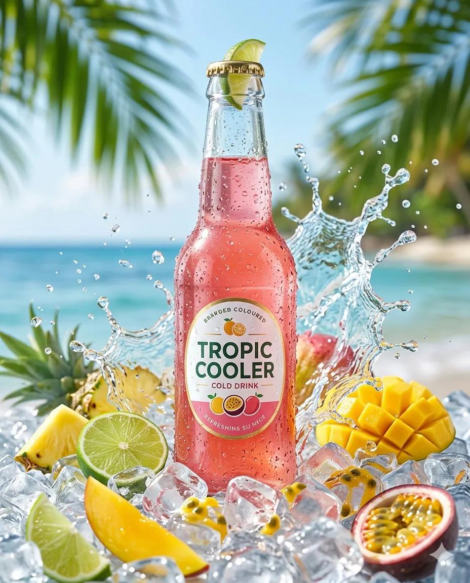 A refreshing cold drink bottle placed on wet ice cubes, surrounded by water splashes, fresh frui 2