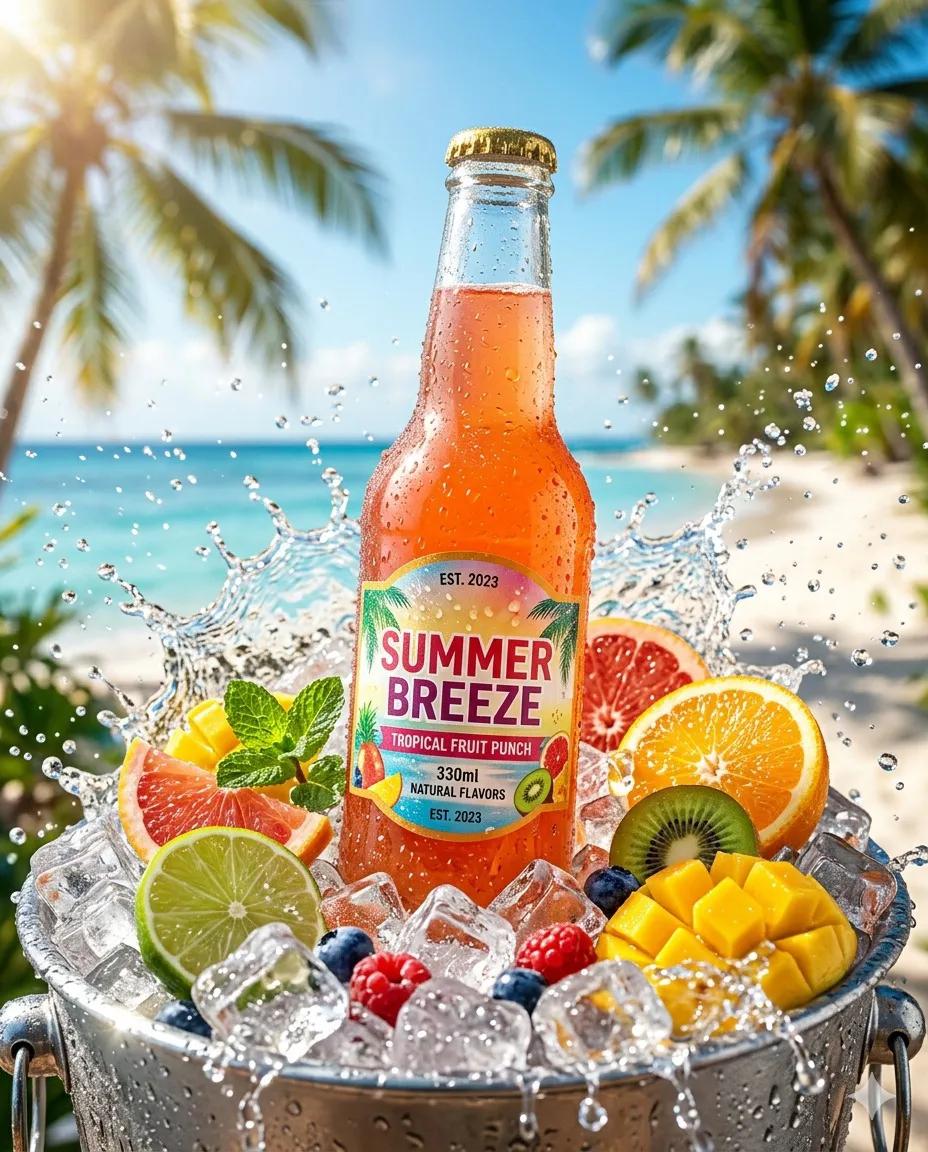 A refreshing cold drink bottle placed on wet ice cubes, surrounded by water splashes, fresh frui