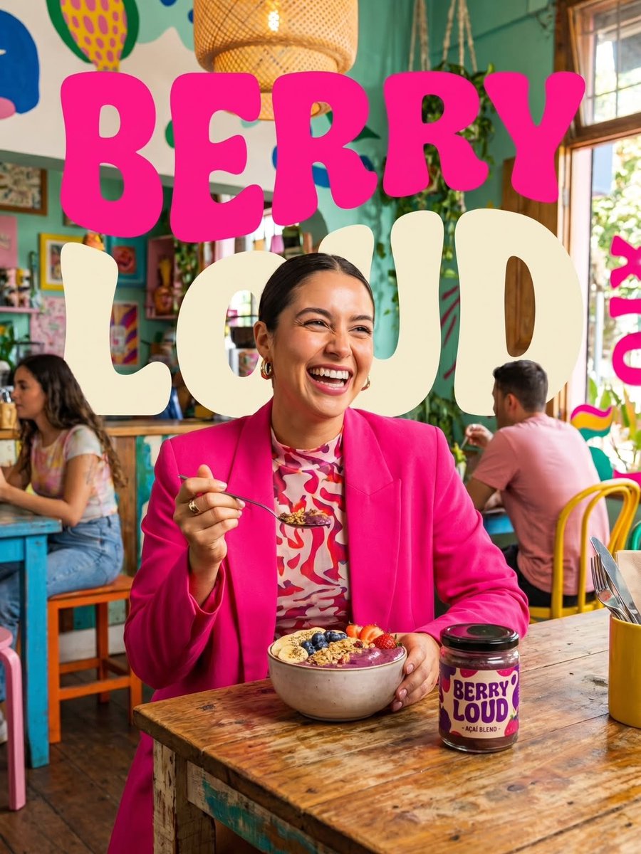 Vibrant lifestyle food advertisement, smiling woman in a bright hot pink blazer sitting inside a