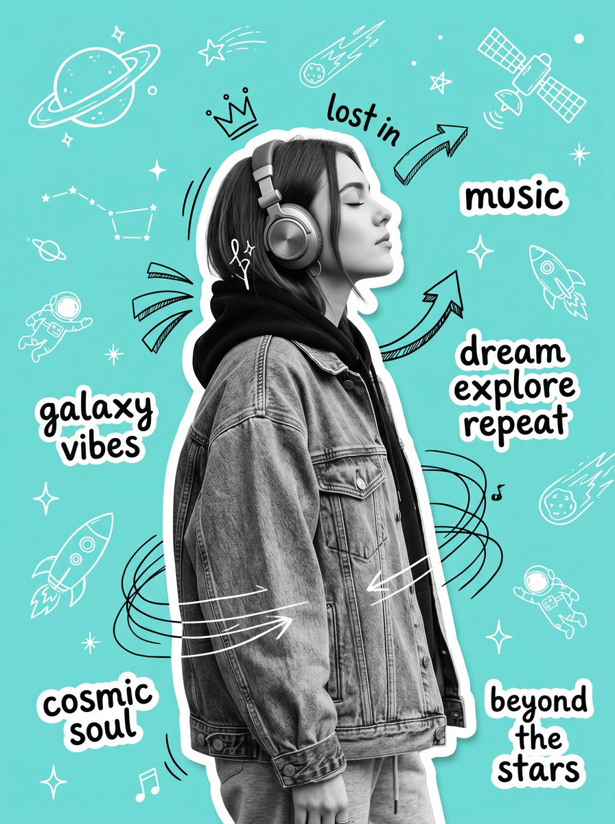 Create an original Y2K-inspired scrapbook collage poster featuring a stylish young woman in side