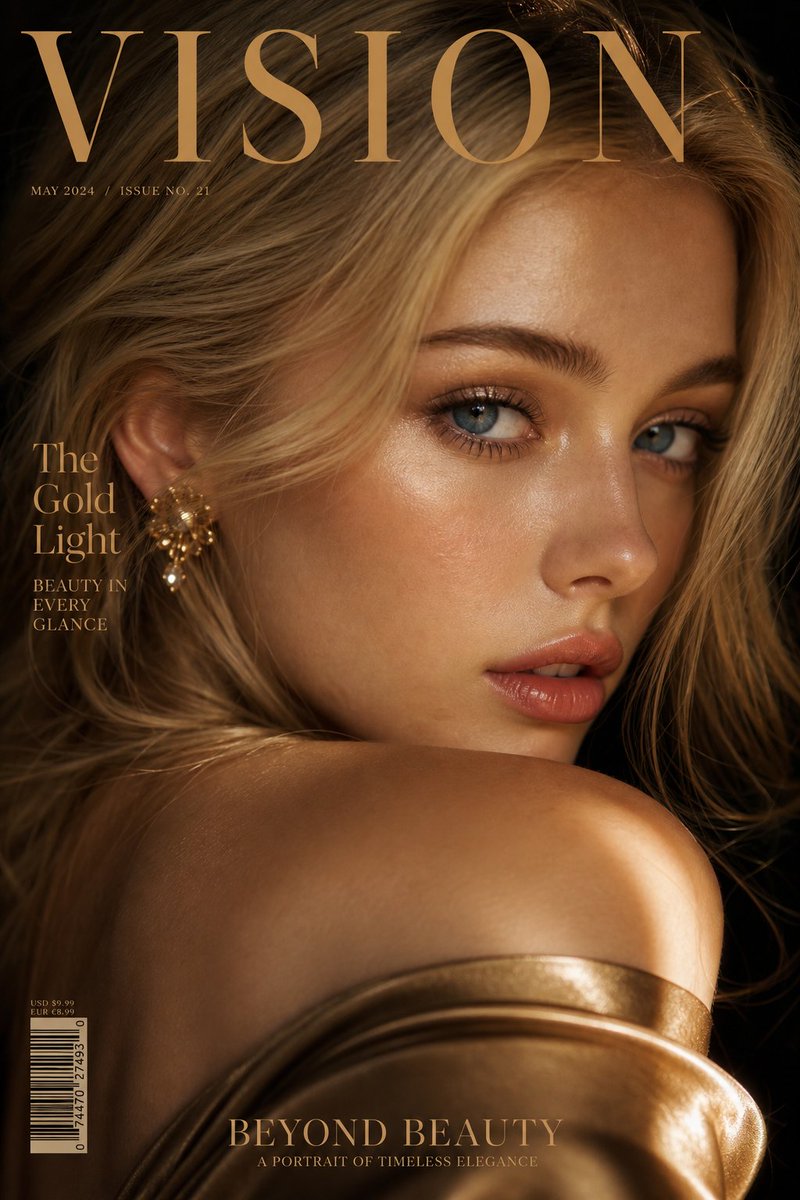 Luxury extreme close-up portrait, magazine cover style, title "VISION", 2