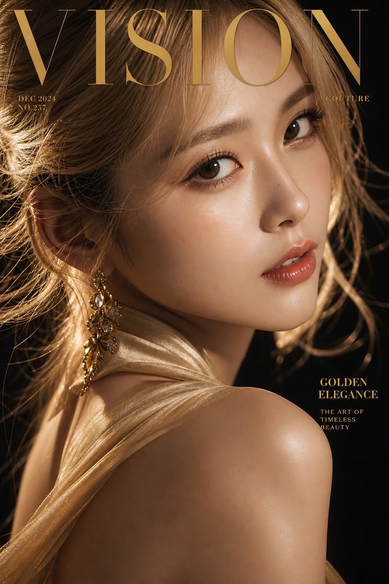 Luxury extreme close-up portrait, magazine cover style, title "VISION", 3