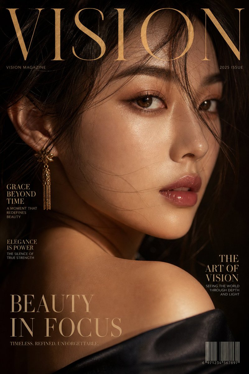 Luxury extreme close-up portrait, magazine cover style, title "VISION",