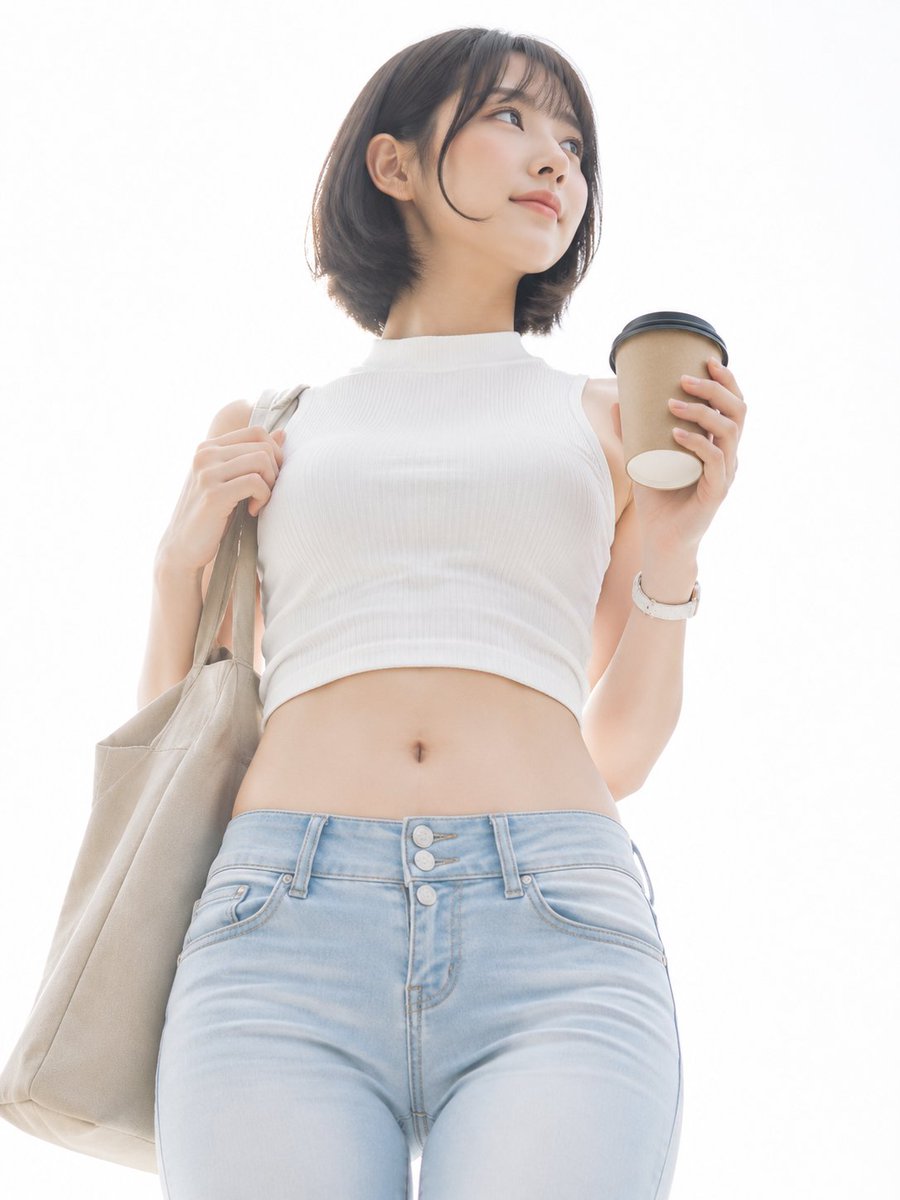 A fresh high-key white-background lifestyle portrait of a young woman in her 20s standing agains 2
