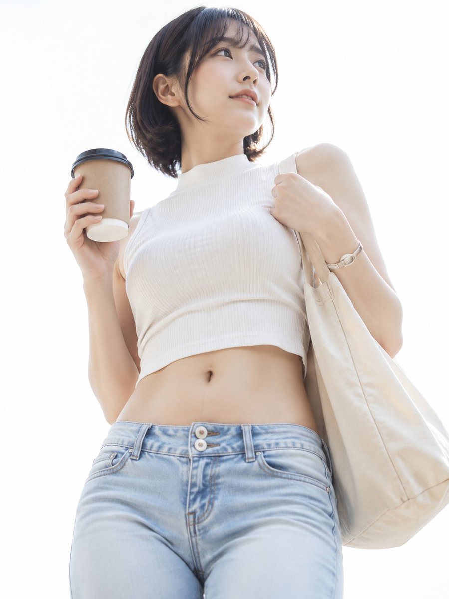A fresh high-key white-background lifestyle portrait of a young woman in her 20s standing agains