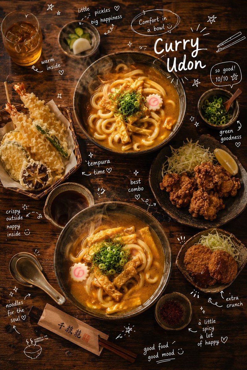 Overhead cinematic food photography of a comforting Japanese curry udon meal set placed on a rus