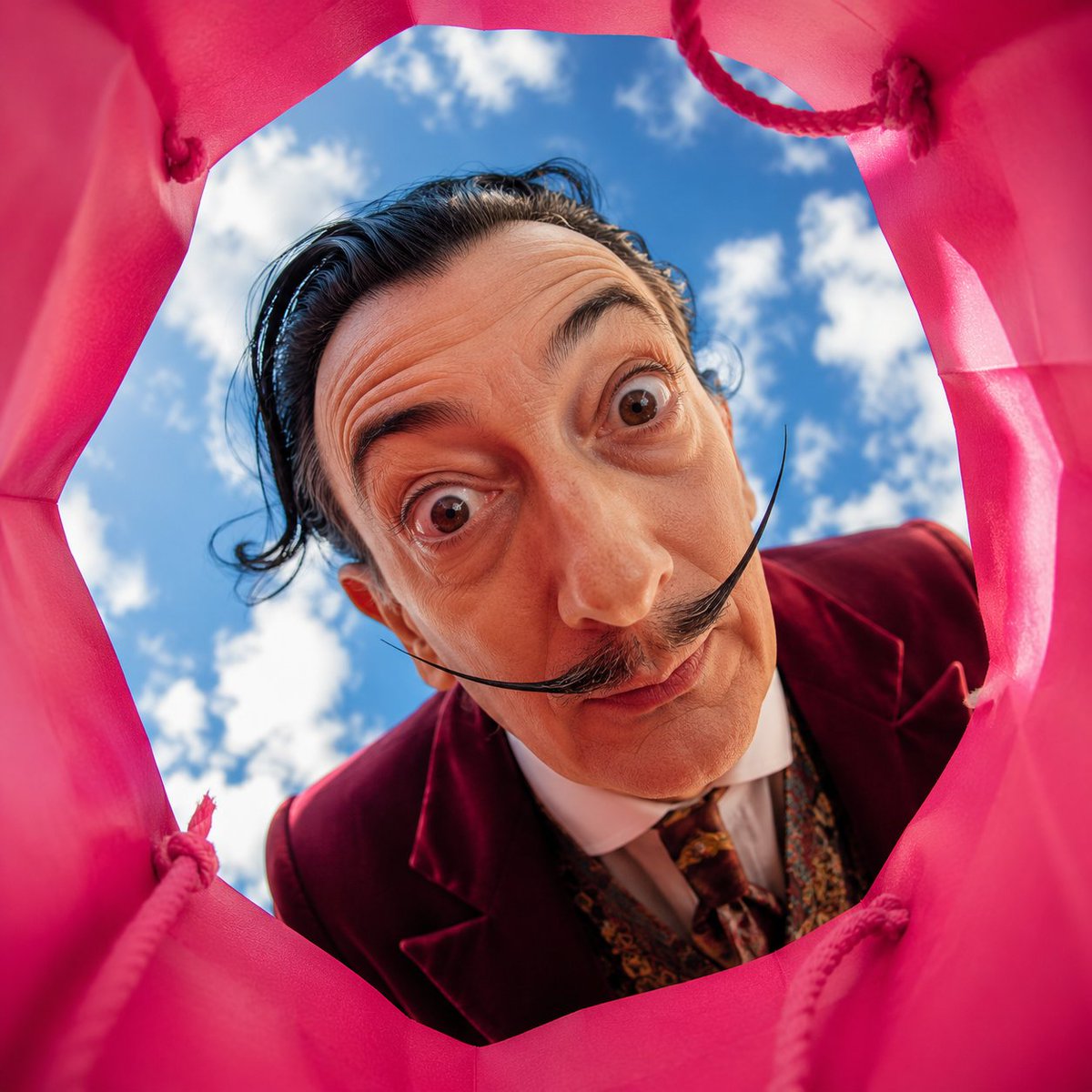 Create a vibrant, adorable, high-end advertising photo shot from inside a shopping bag, looking  3