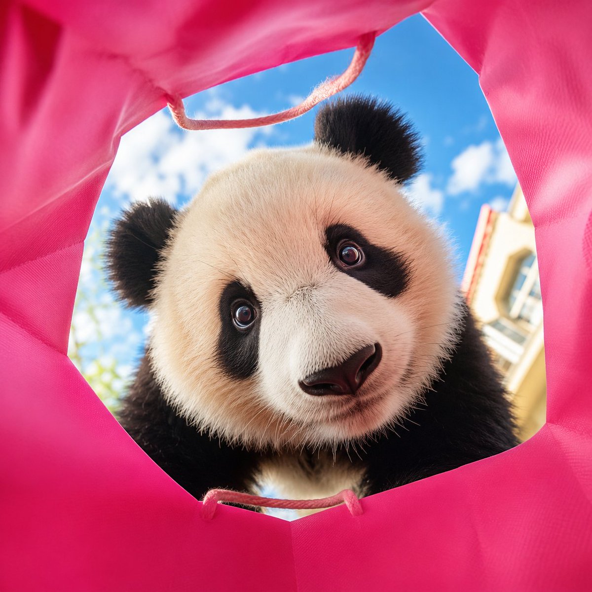 Create a vibrant, adorable, high-end advertising photo shot from inside a shopping bag, looking  4