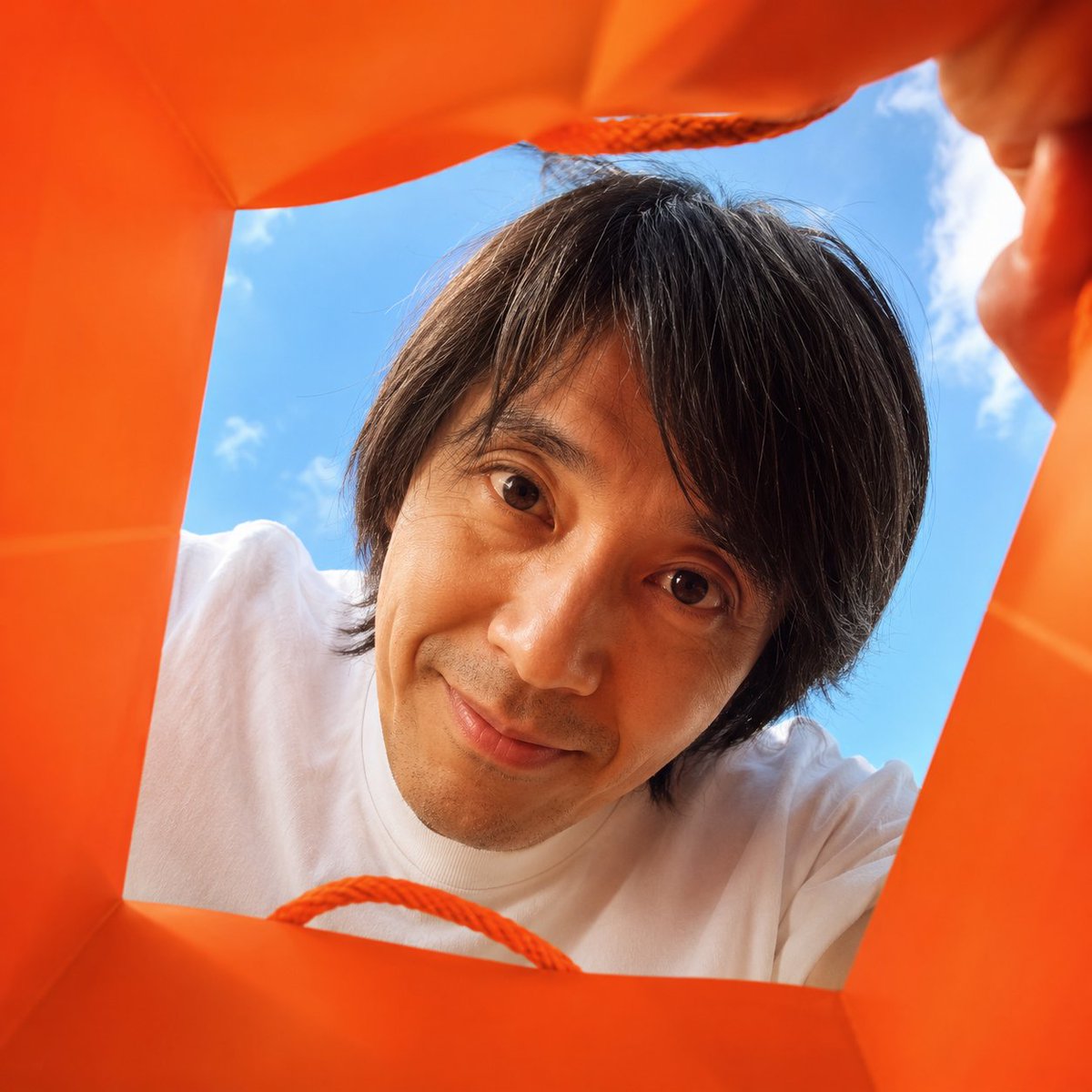 Create a vibrant, adorable, high-end advertising photo shot from inside a shopping bag, looking 
