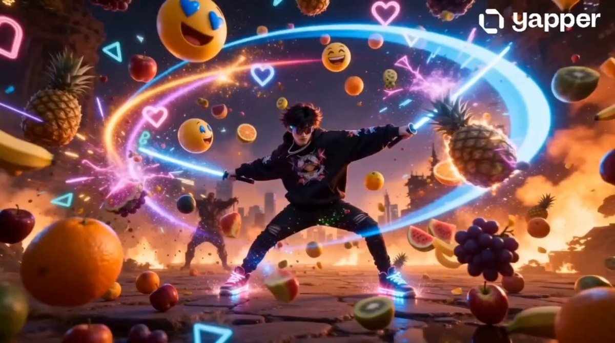 Ultra-stylized Gen-Z cinematic chaos video inspired by Fruit Ninja. A trendy anime-style Gen-Z b