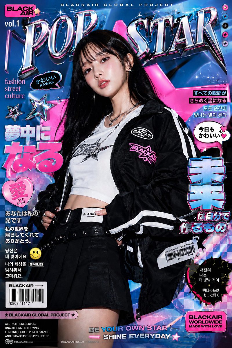 Ultra-stylized high-fashion editorial poster of a confident young Asian female model standing in 4