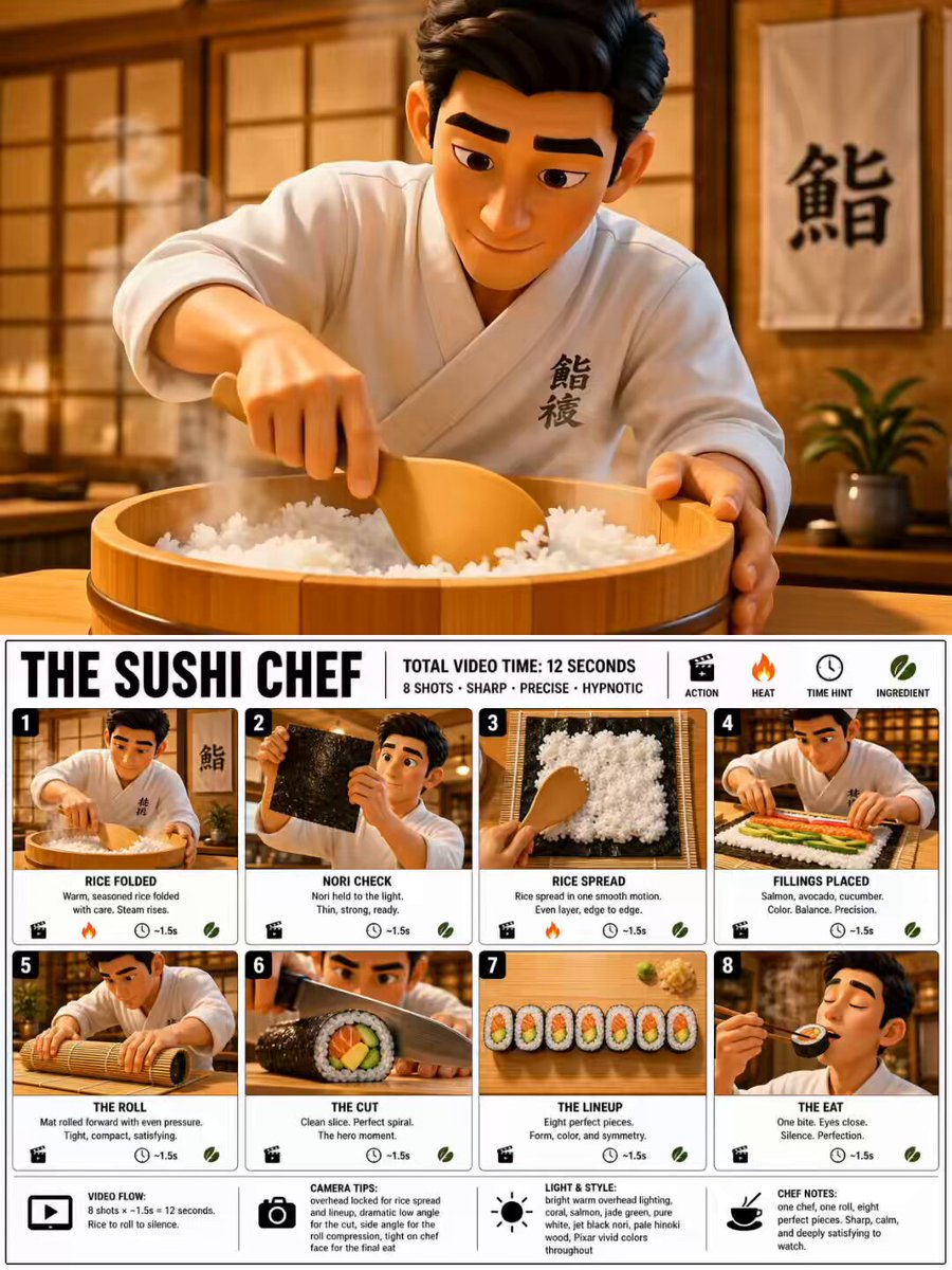 Create a crisp, clean infographic storyboard poster for THE SUSHI CHEF. Wide 16:9 layout, white 