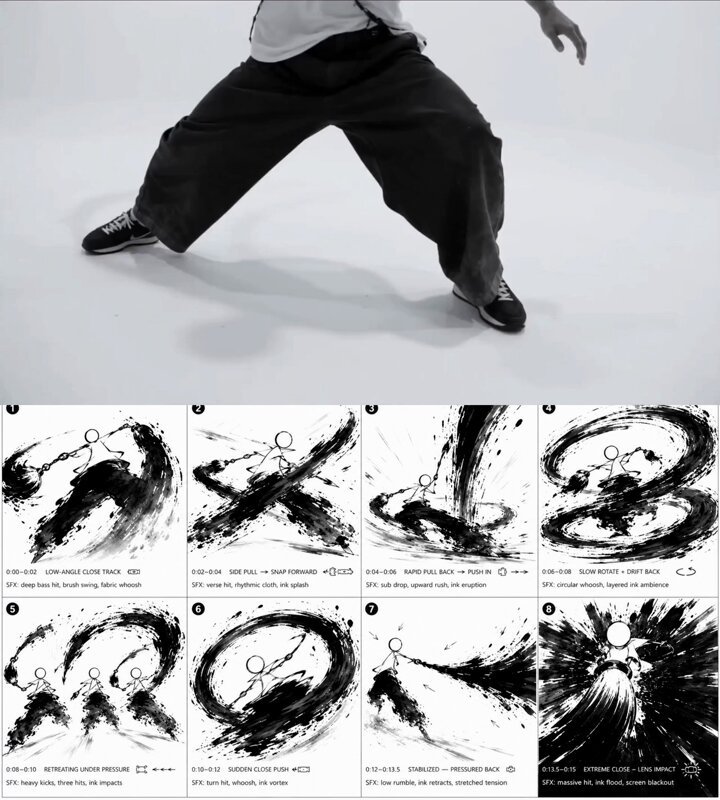 Create a director-style PREVIS action storyboard focused on 8 continuous action frames using onl