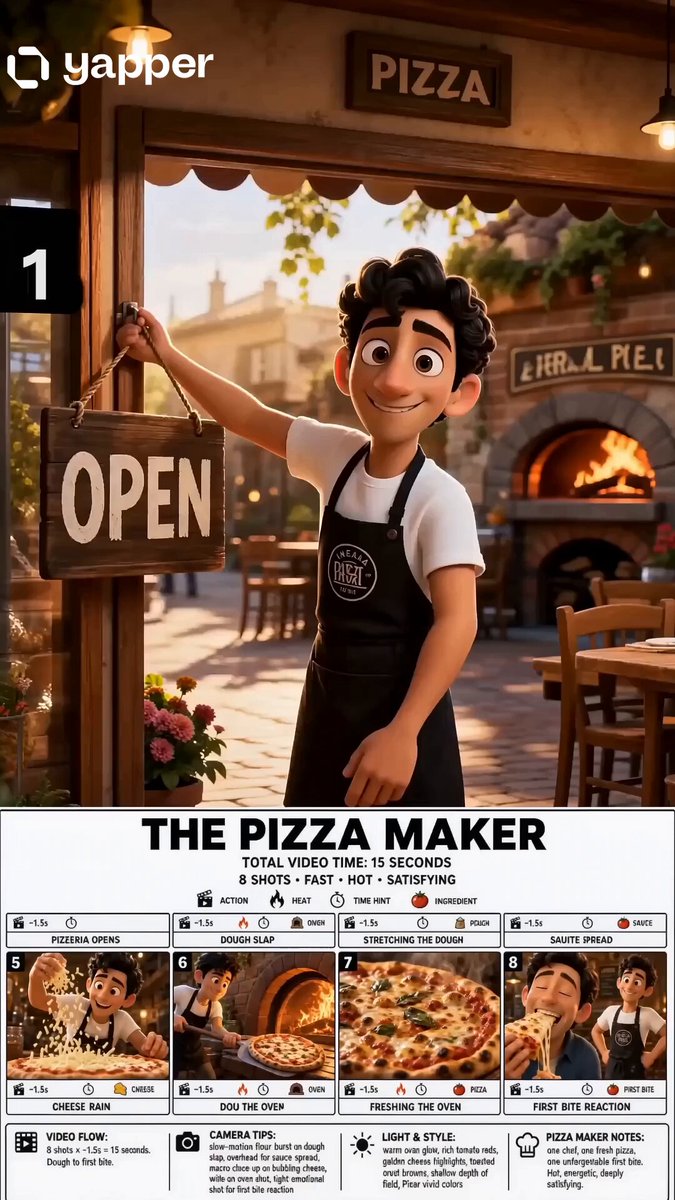 Create a crisp, clean infographic storyboard poster for THE PIZZA MAKER. Wide 16:9 layout, white
