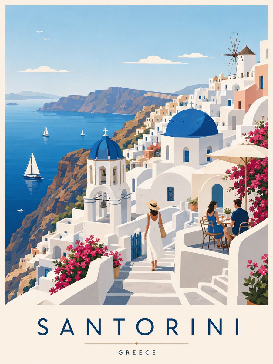 Create a premium editorial travel poster illustration of Santorini, Greece. Style: flat vector i
