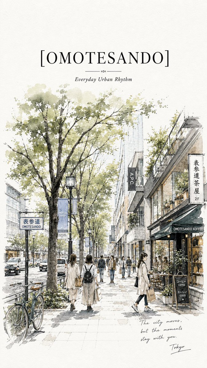Minimalist ultra-high-resolution travel sketch poster of Omotesando, Tokyo, on clean white sketc