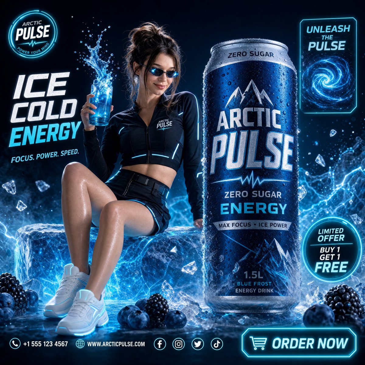 A high-end commercial beverage advertisement for "Arctic Pulse Energy Drink" — ultra cinematic, 