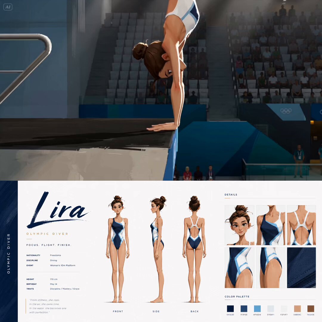 A professional character concept art sheet featuring Lira, an Olympic diver, displayed in a clea
