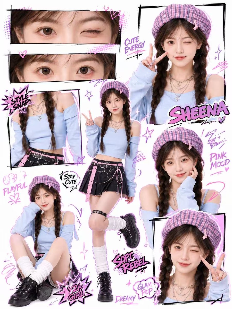 Create a high-quality Y2K kawaii street-style collage poster based on the uploaded portrait.