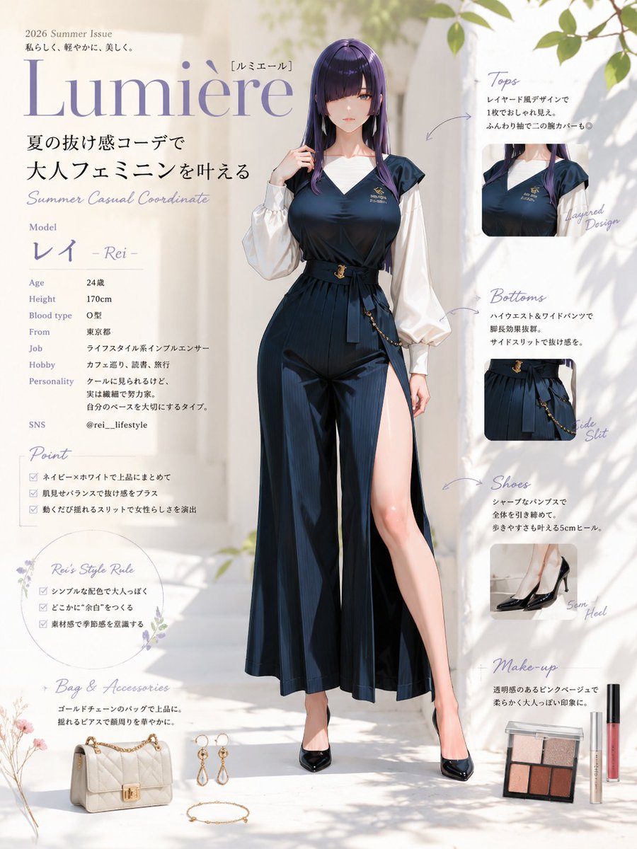 A stylish young woman with sleek, dark violet hair stands in a minimalist, sun-drenched outdoor 