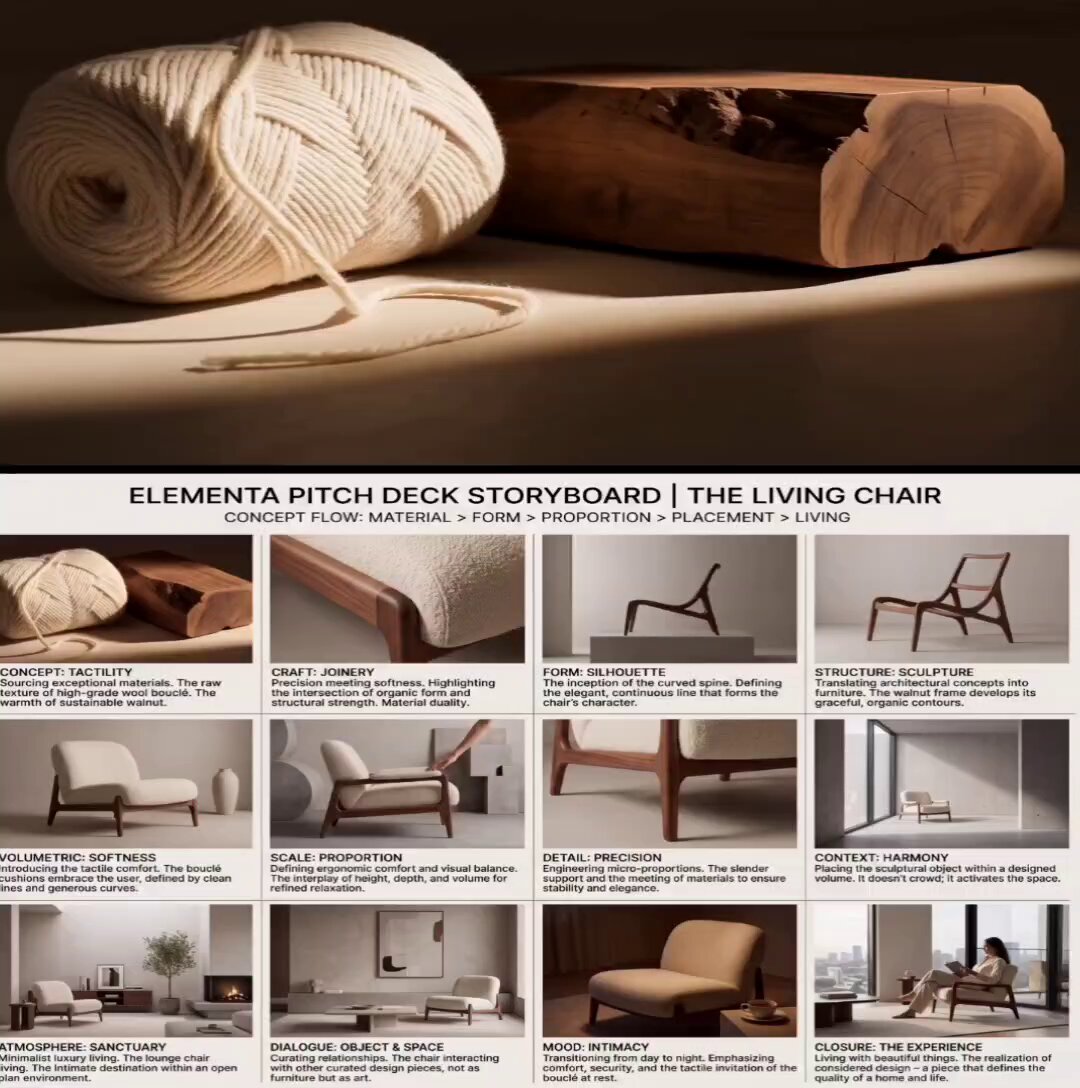 Create a high-end 4:3 luxury furniture pitch deck storyboard in 3x4 grid (12 frames), editorial 