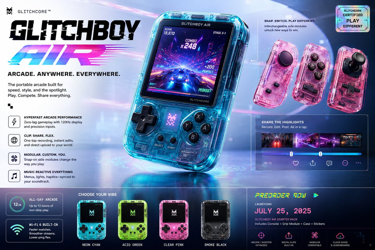 Create a premium, highly believable Fictional Console / Handheld Ad for an imaginary gaming devi 3