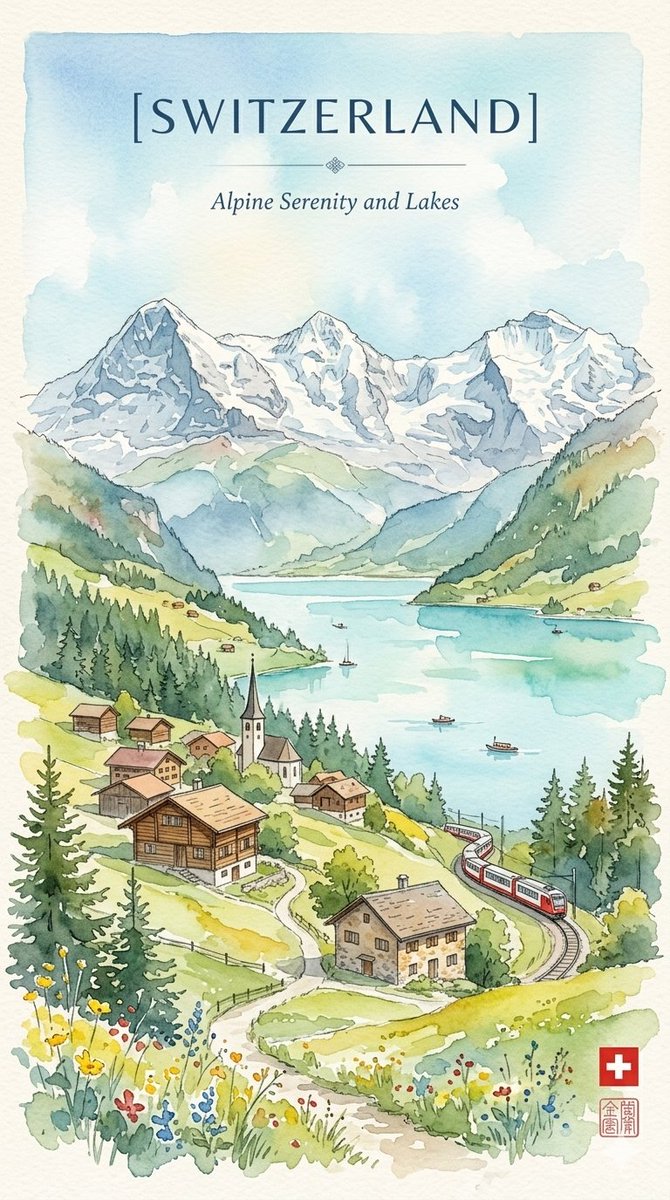 Watercolor travel poster that harmonizes the rugged heritage of the Hunza Valley with the serene 2