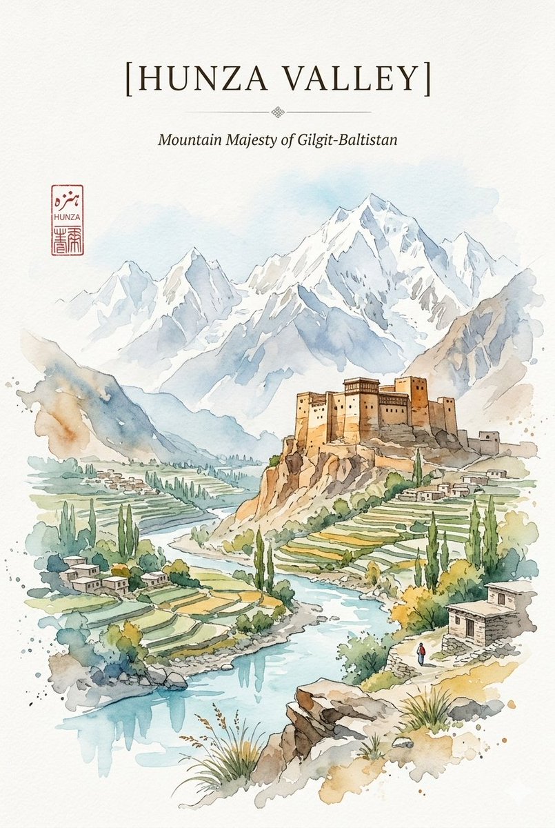 Watercolor travel poster that harmonizes the rugged heritage of the Hunza Valley with the serene