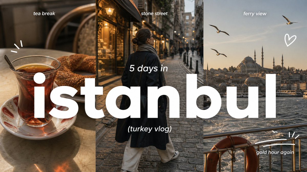 Create a 9:16 image in the "Clean Triptych Travel Vlog Thumbnail" style. 3